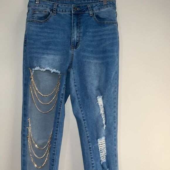 Jeans Women's Size 31 x 32 Blue Skinny Slim Fit High-rise Ripped - Picture 4 of 6